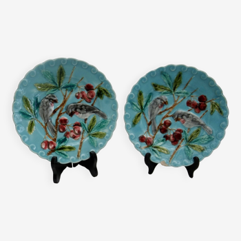 Barbotine Sarreguemines plate decorated with cherry birds