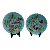 Barbotine Sarreguemines plate decorated with cherry birds