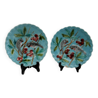 Barbotine Sarreguemines plate decorated with cherry birds