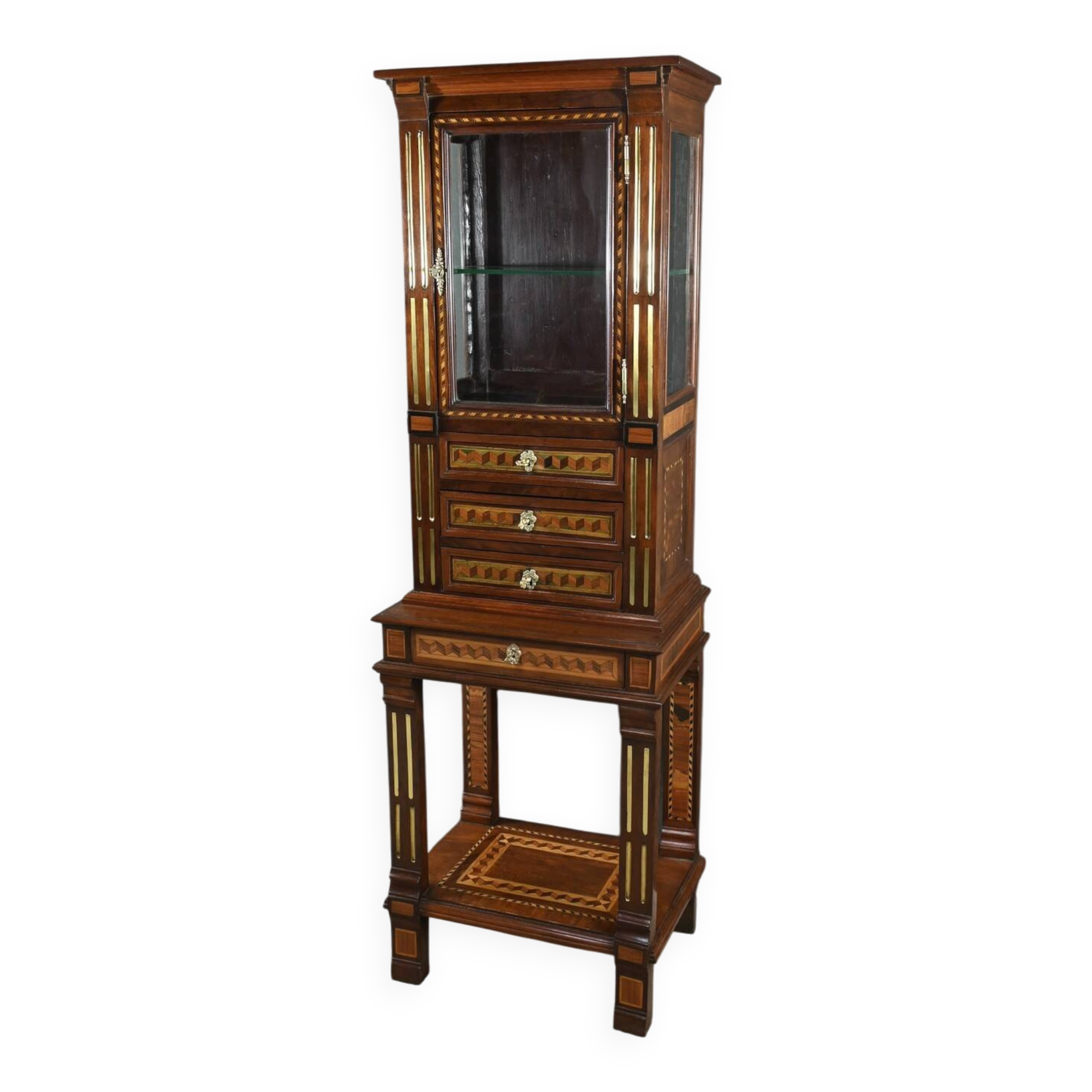 Rare small marquetry display cabinet, louis xvi style – mid 19th century