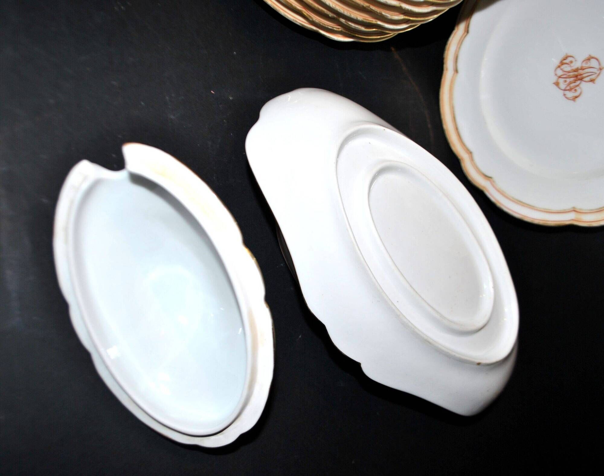 Paris porcelain set of 12 plates, dish and sauce boat, antique tableware with monogram BA.