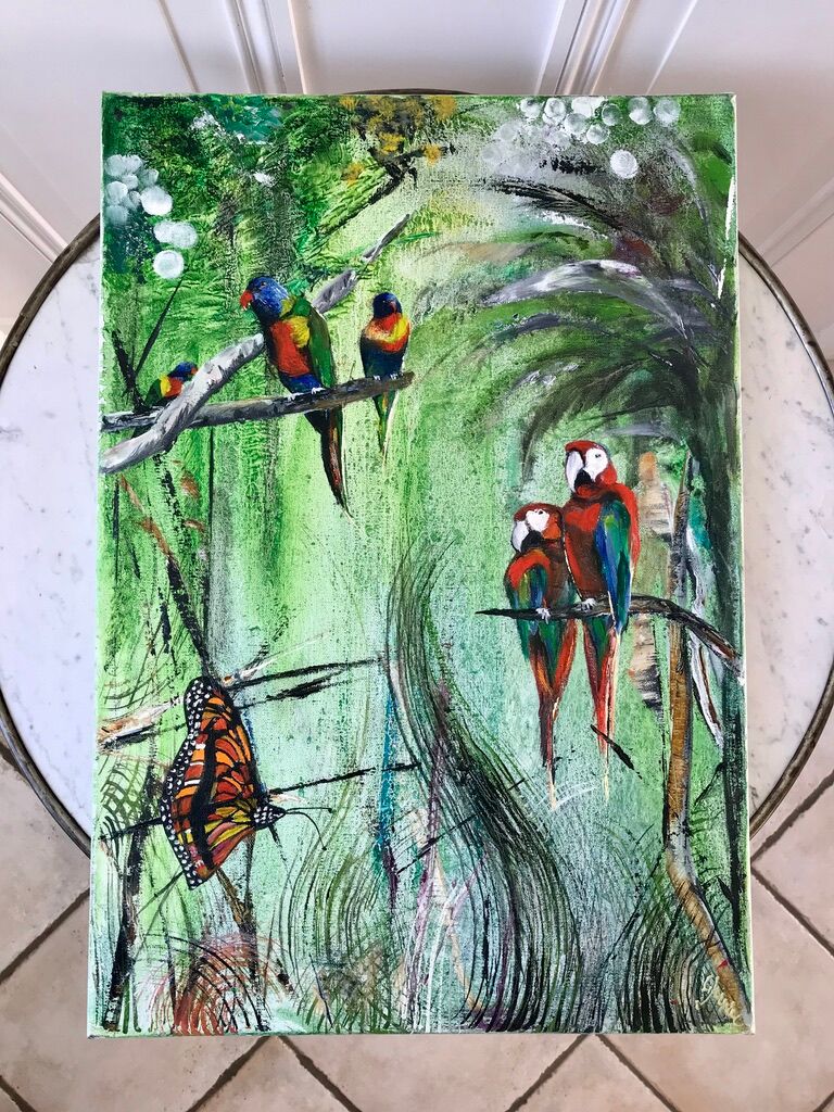 Oil painting on canvas jungle parrot signed vintage