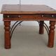 Square coffee table in exotic wood and wrought iron.