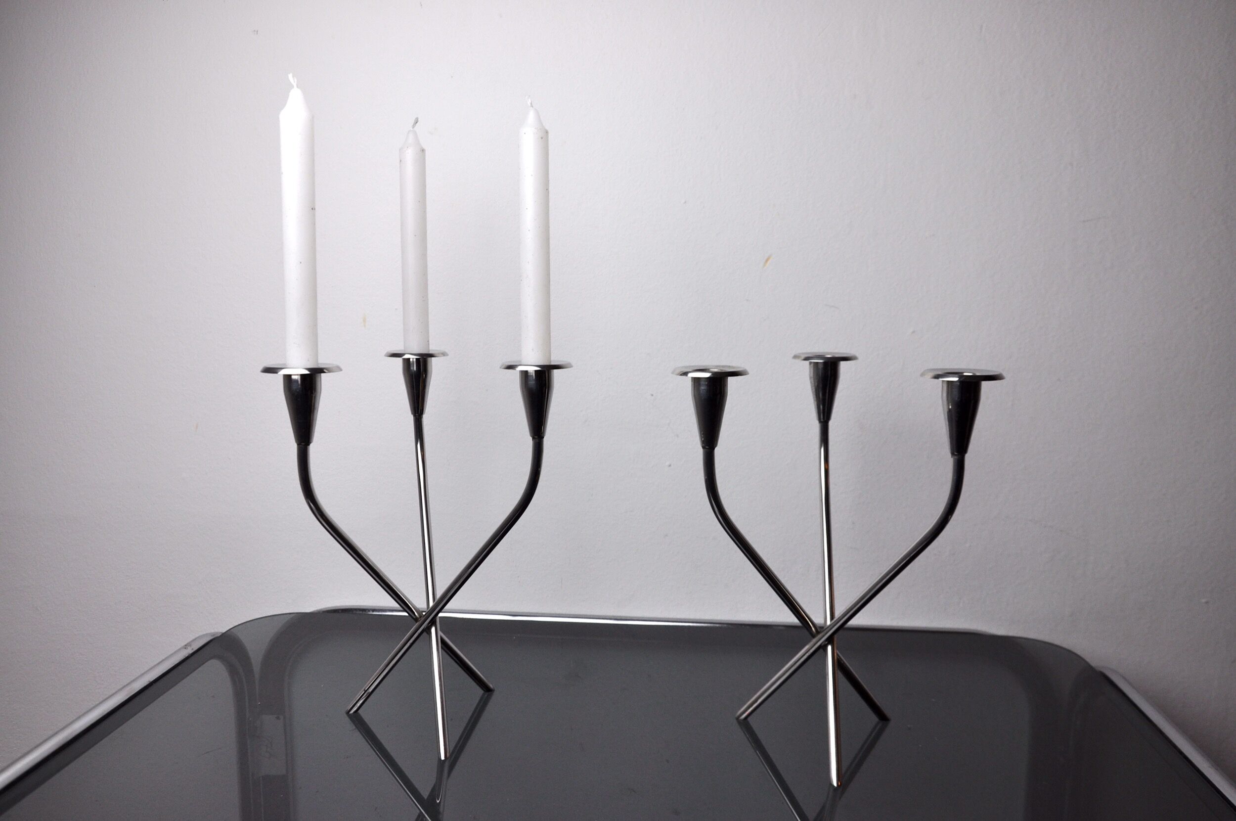 Pair of Scandinavian 3-arm candlesticks in alpaca, Sweden, 1970