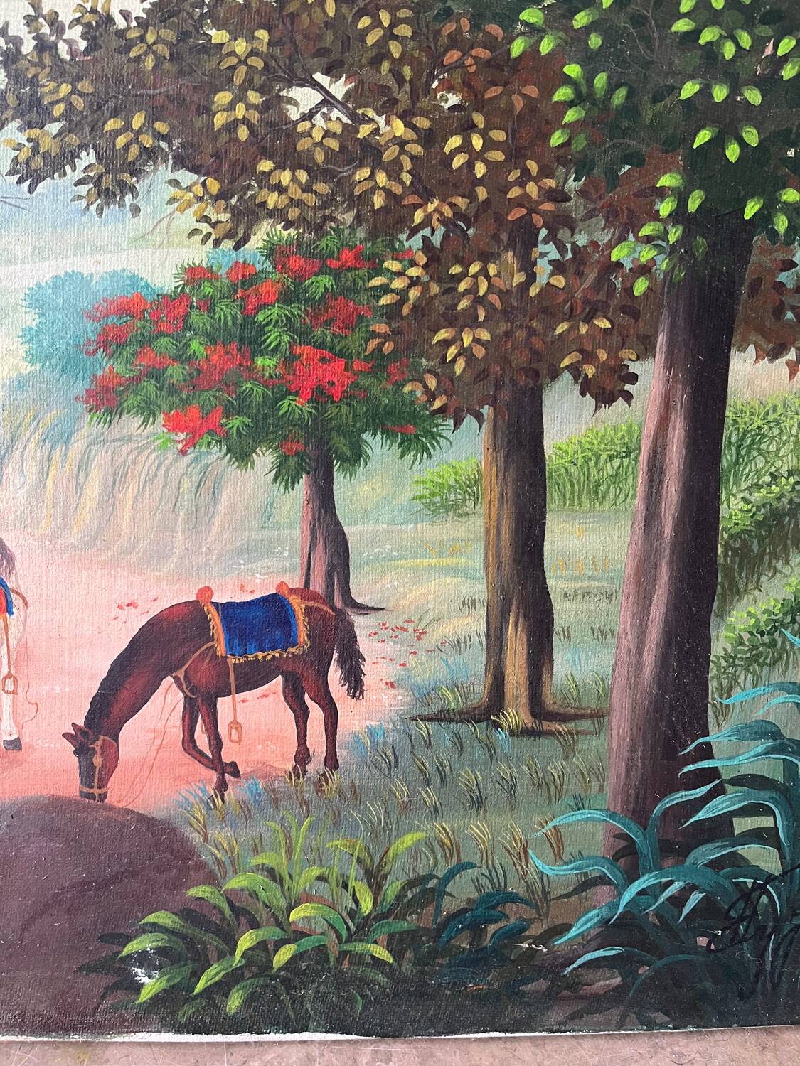 Soldiers and horses lost in the forest, signed