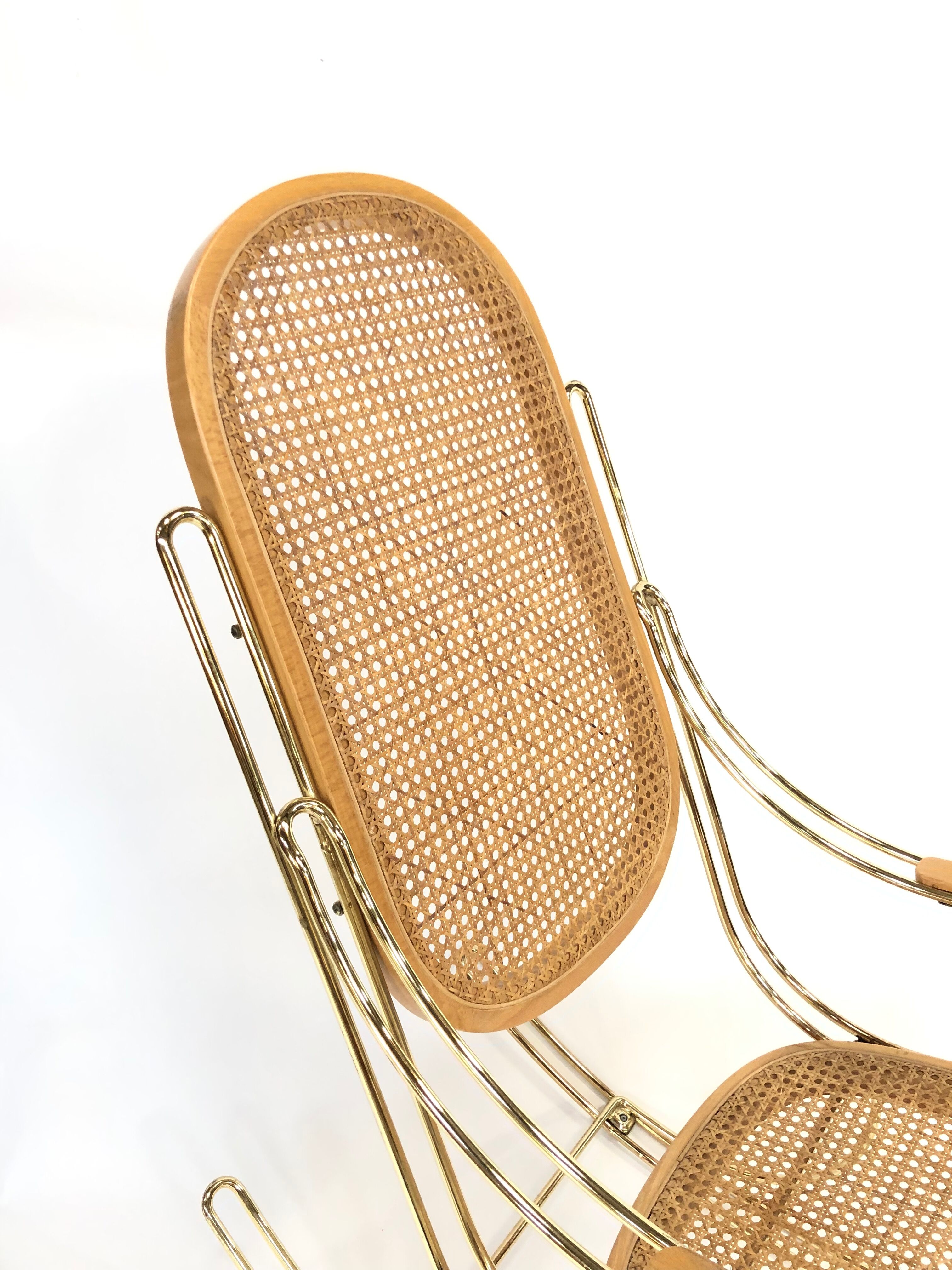 Vintage brass curved wooden rocking chair