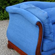Large vintage cobalt blue chaise longue in fabric and wood – long chair 190