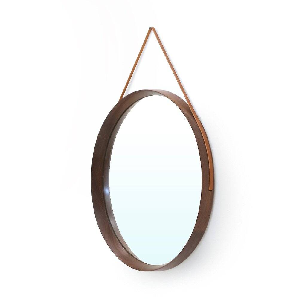 Round mirror with leather strap, 1960s