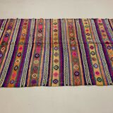 Colourful Vintage Turkish Kilim 318x138 cm Kelim Rug Wool Red Green Black Large