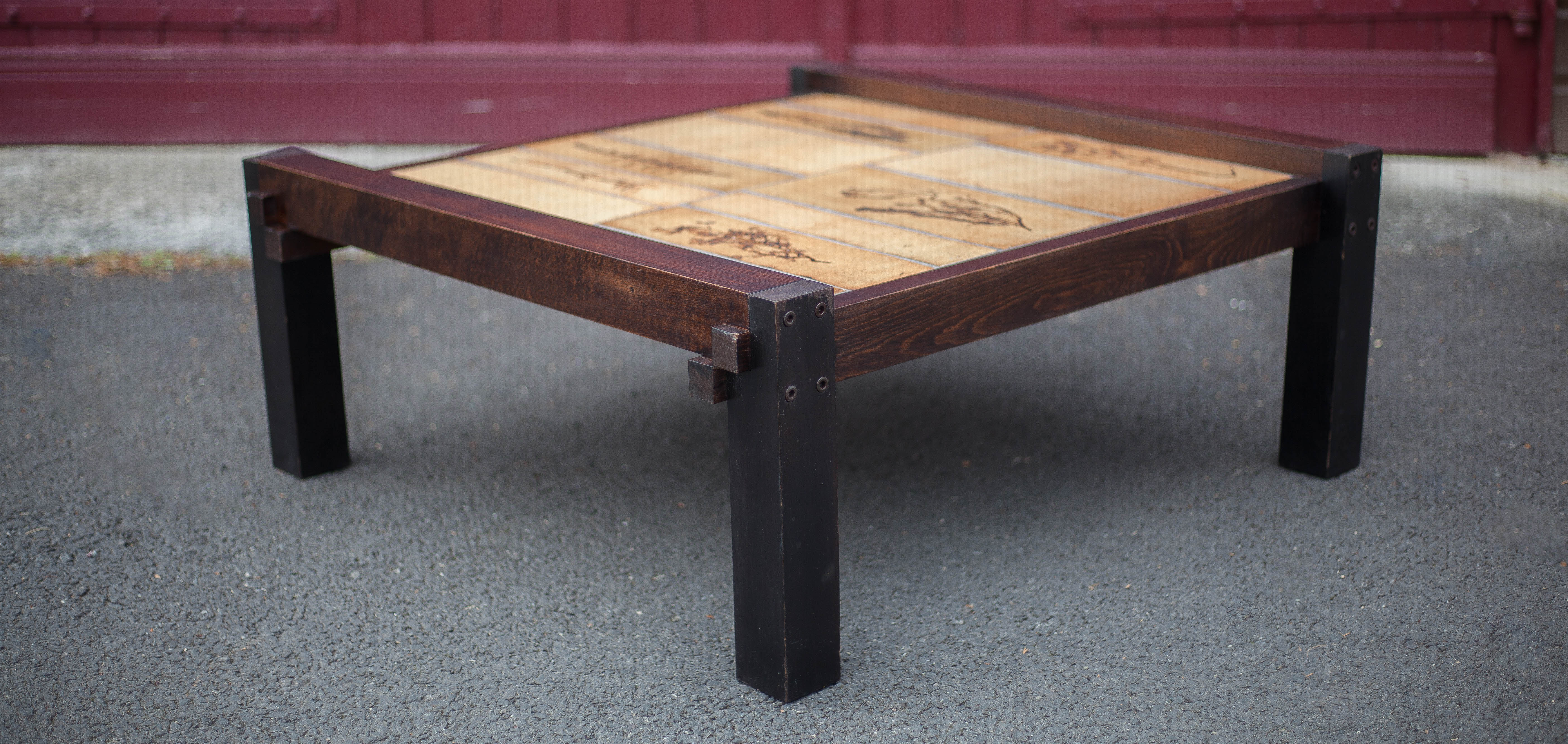 Herbarium ceramic coffee table with wooden structure, capron table, interior decoration