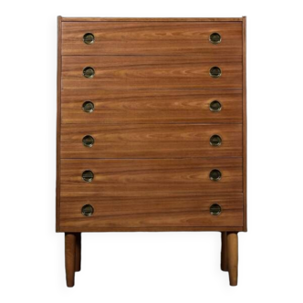 Mid-Century Danish Modern High Teak Highboy Chest of Drawers with Brass Handles, 1960s