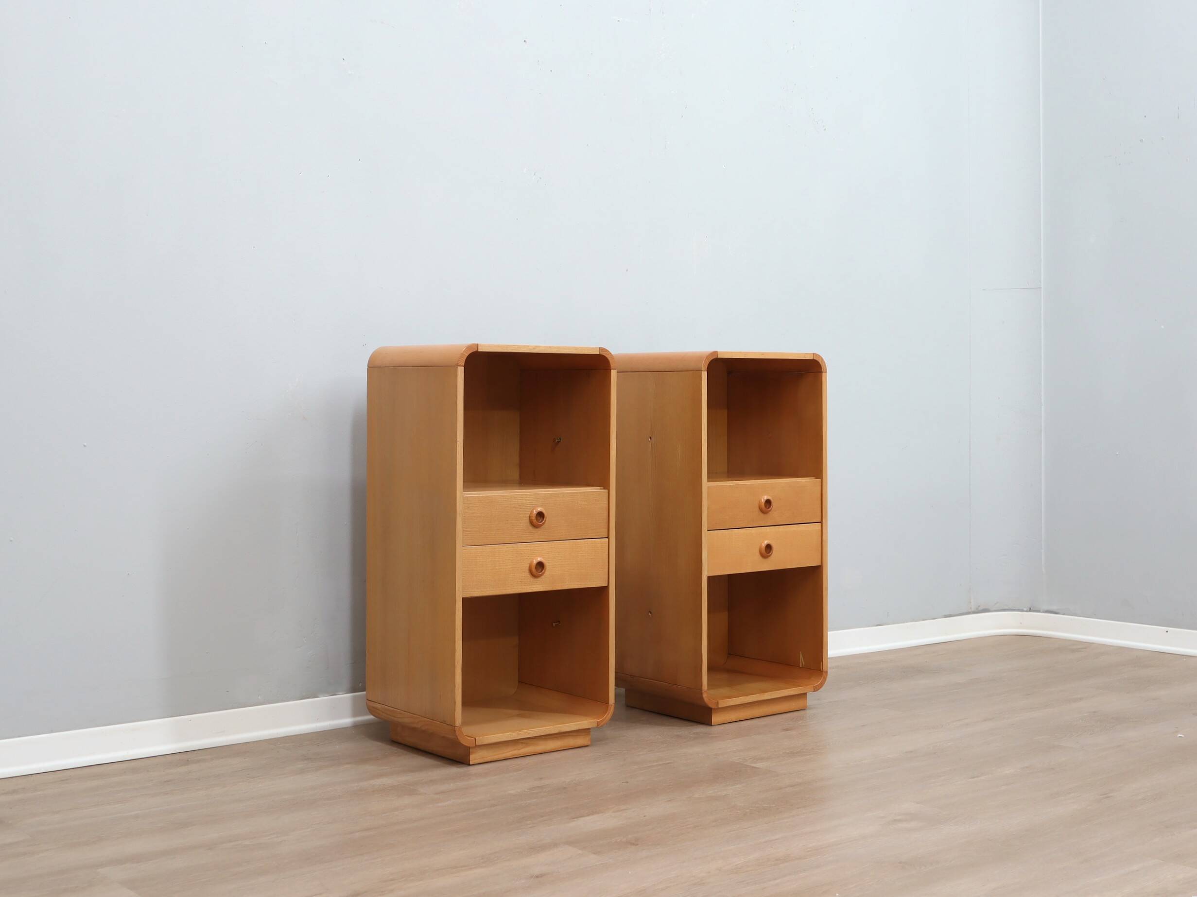 Pair of tall vintage birch wood bedside tables / entryway console 1970s