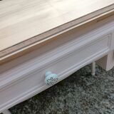 Console with 2 drawers, pink, wooden top.