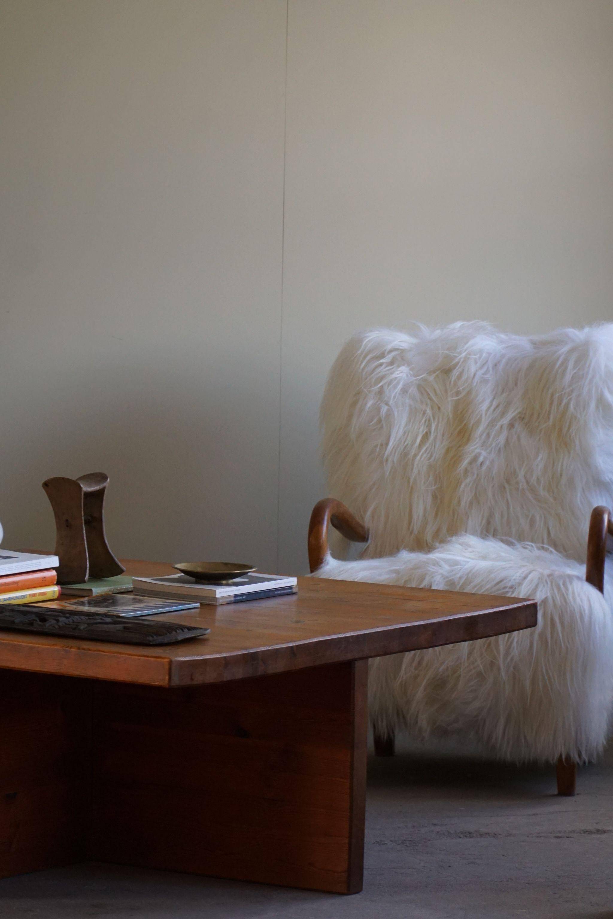 Modern Swedish coffee table in solid pine by Sven Larsson, brutalist, 1970s.