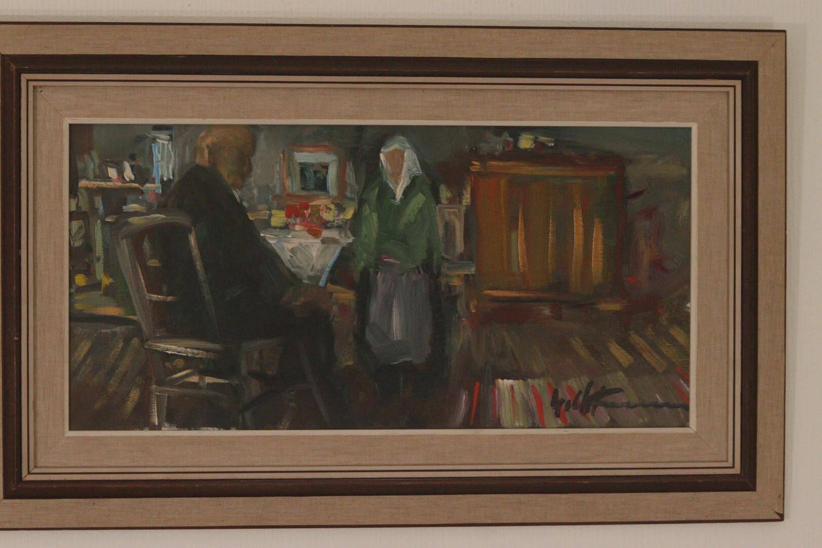 Huile sur toile suédoise originale – « Deux personnages à une table »