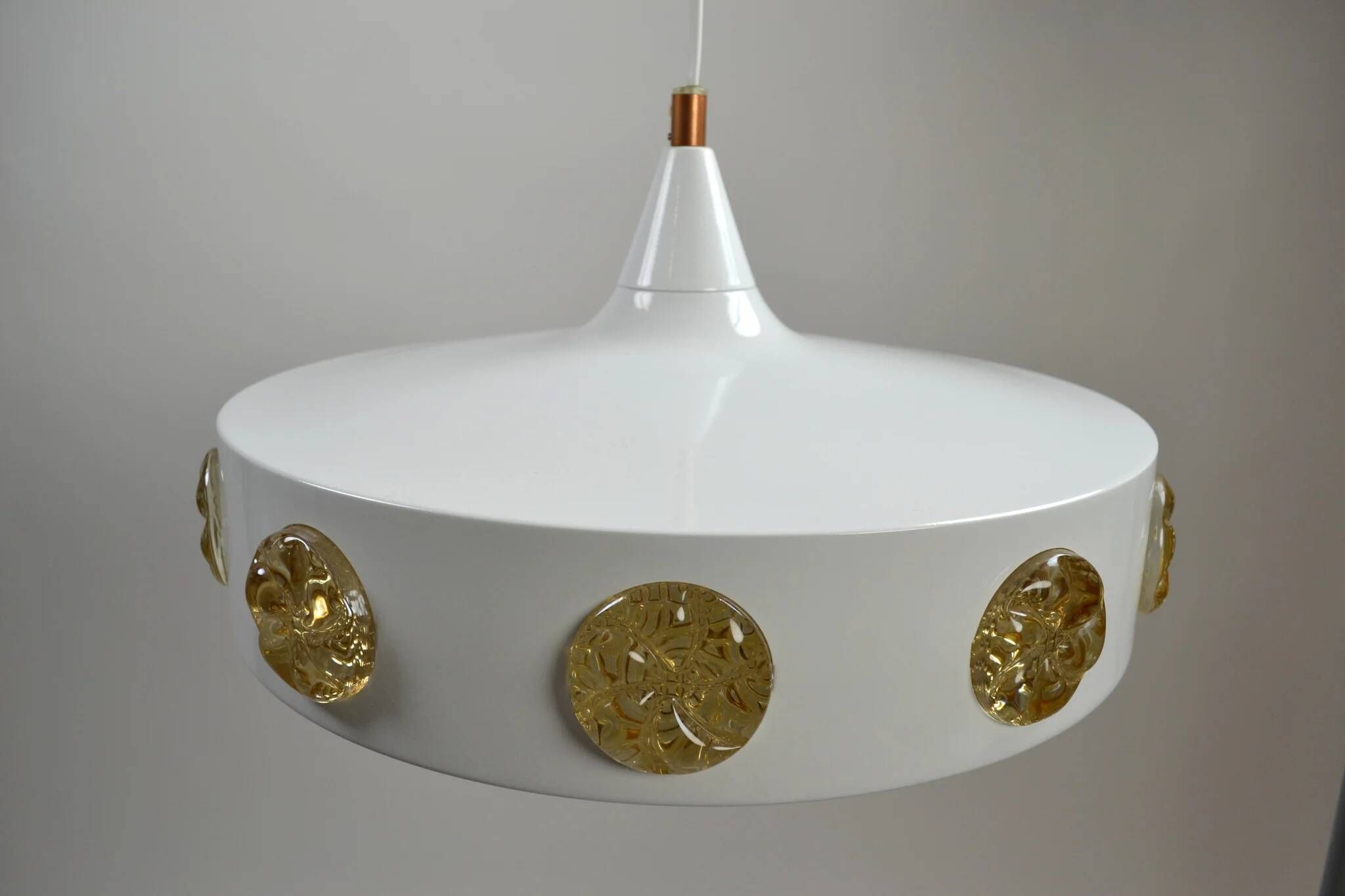 Pendant Lamp with Amber Glass Medallion Inserts — Vitrika, Denmark, 1960s