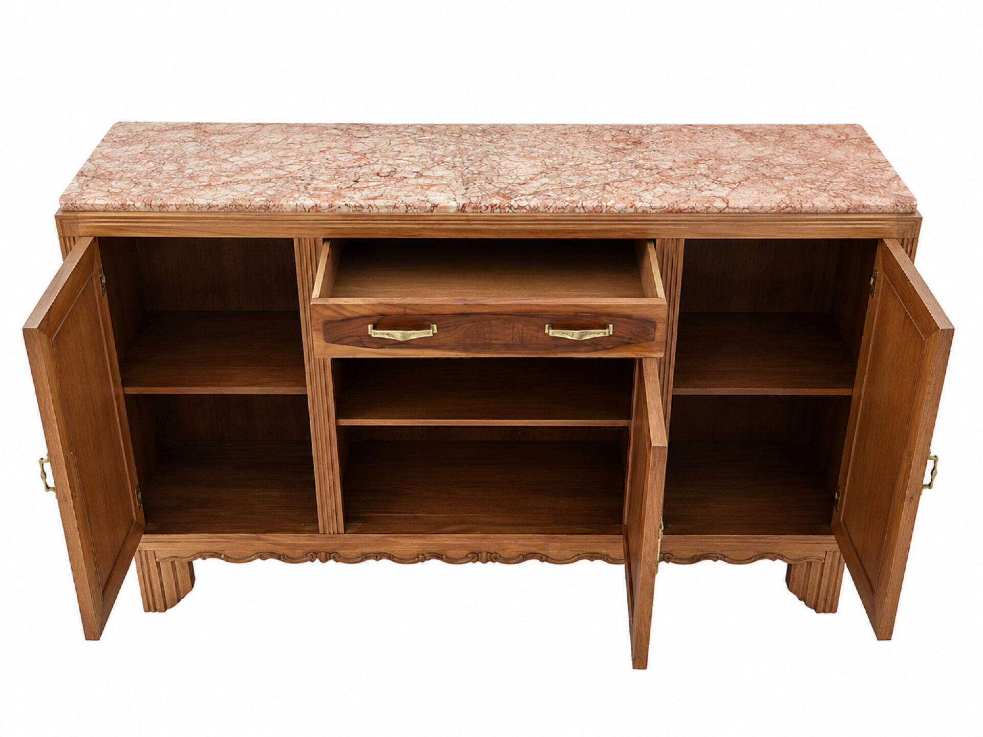 Large Art Deco buffet in walnut veneer and marble, 1930s