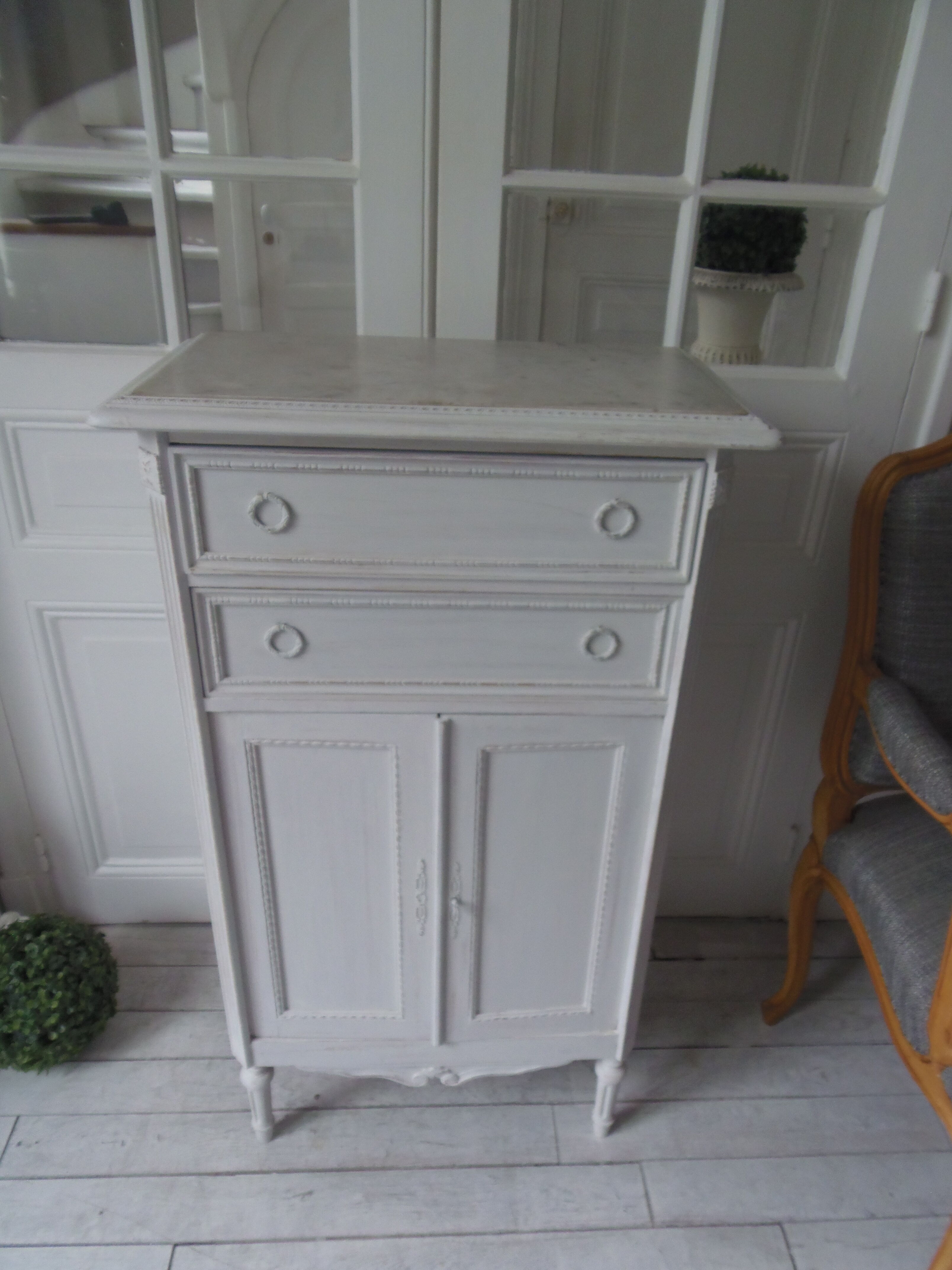 Louis XVI style furniture patinated pearl grey, marble tray