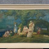 Claudius denis (1878-1947): large oil painting on canvas depicting a lively gallant scene