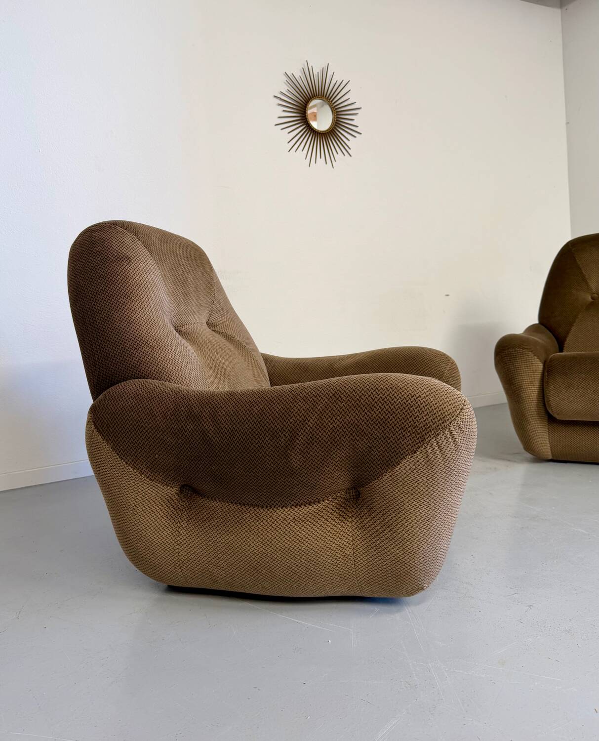 Lot of 2 cosy fabric armchairs, French design, vintage 1970s.