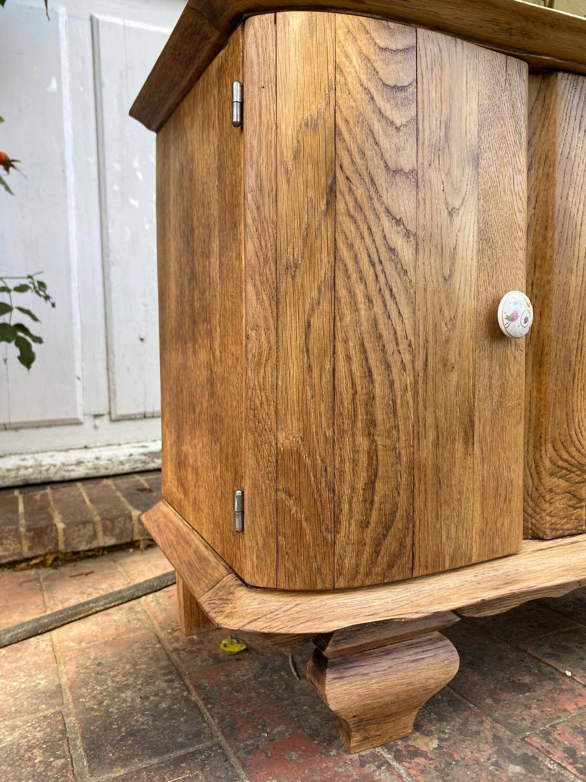 Small accent table / Art Deco bedside table in solid oak and beige marble