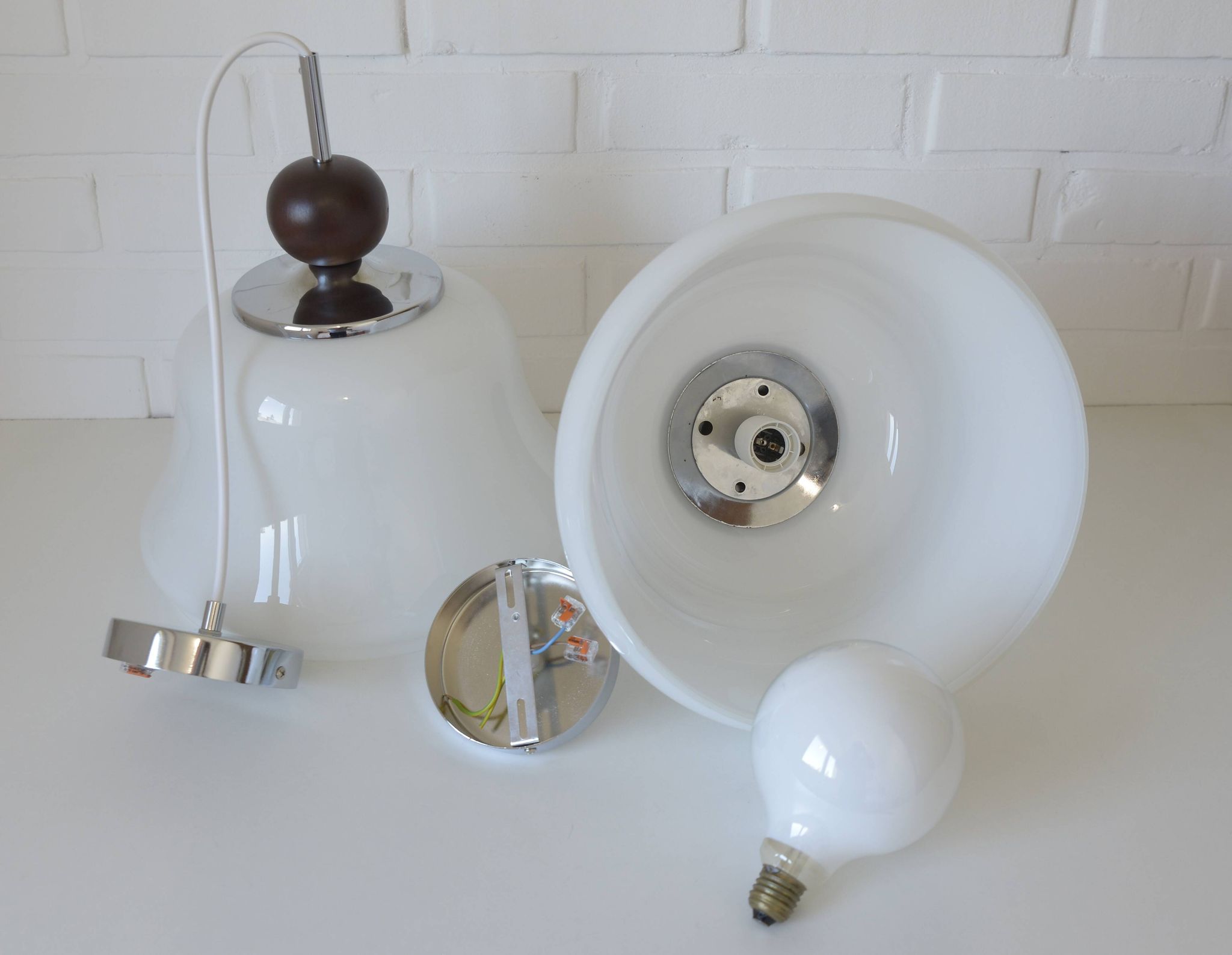 1 of 2 vintage white glass pendant light MCM hanging lamp Yugoslavia 1970's