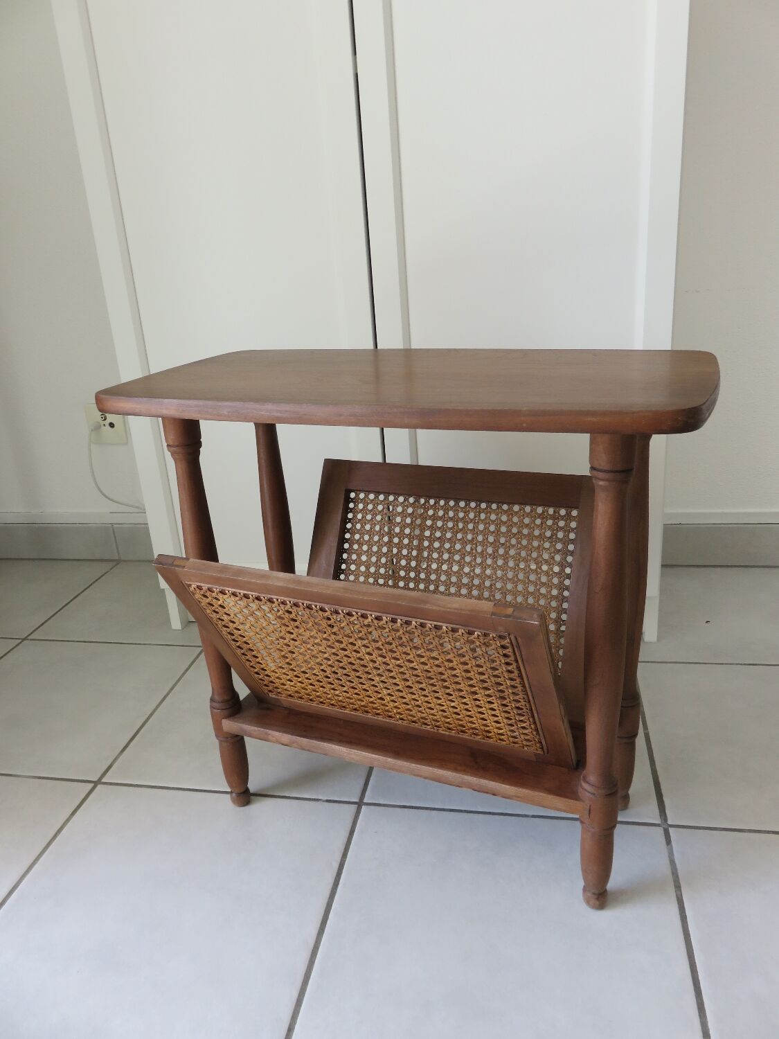 Vintage wooden and cane magazine rack Side table