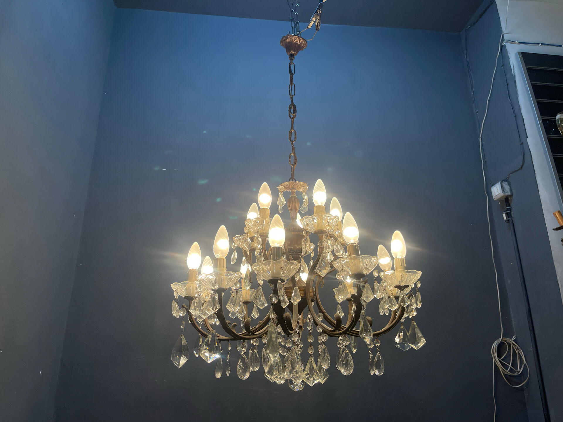 Vintage Bronze & Crystal Chandelier, 15 Lights, 1950s