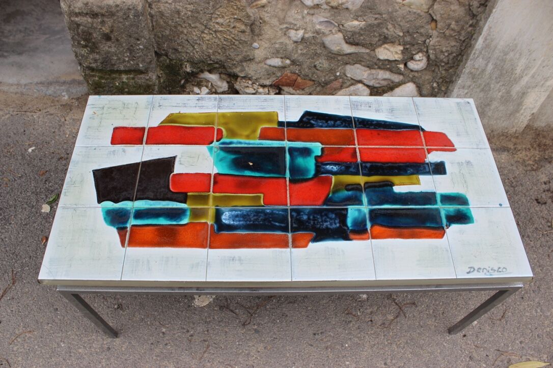 Vintage chrome coffee table and ceramic abstract drawing by Denisco, Belgium, 1970s