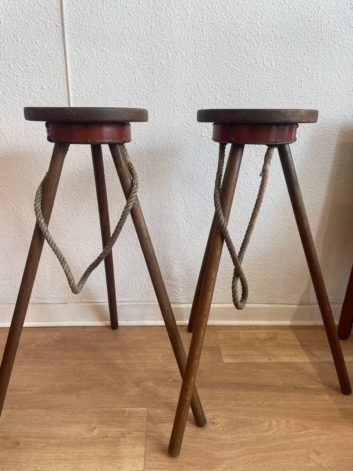 Pair of bar stools, wood and leather, circa 1950