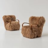 Pair of Scandinavian Armchairs in Long Haired Sheepskin, 1950s