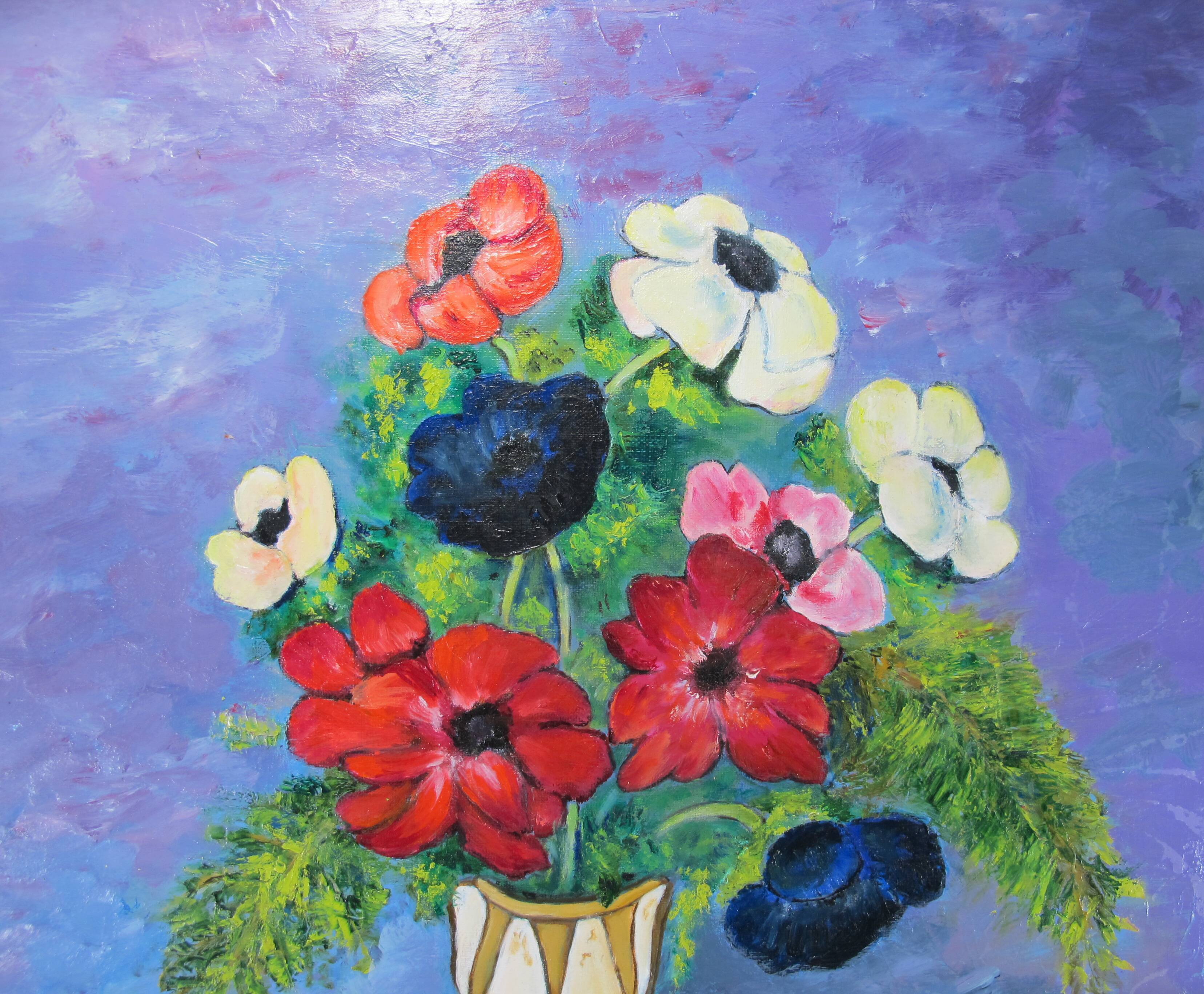 Oil painting on wood panel still life vase bouquet of flowers signed
