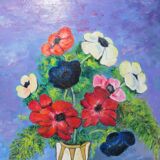 Oil painting on wood panel still life vase bouquet of flowers signed