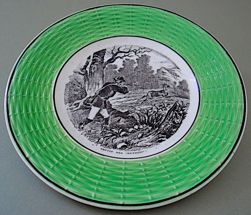 Old plate captioned "Battered with deer", Digoin-&-Sarreguemines