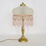 Lampe de table, lampe de chevet 2 feux, pied laiton, globe et perles rose