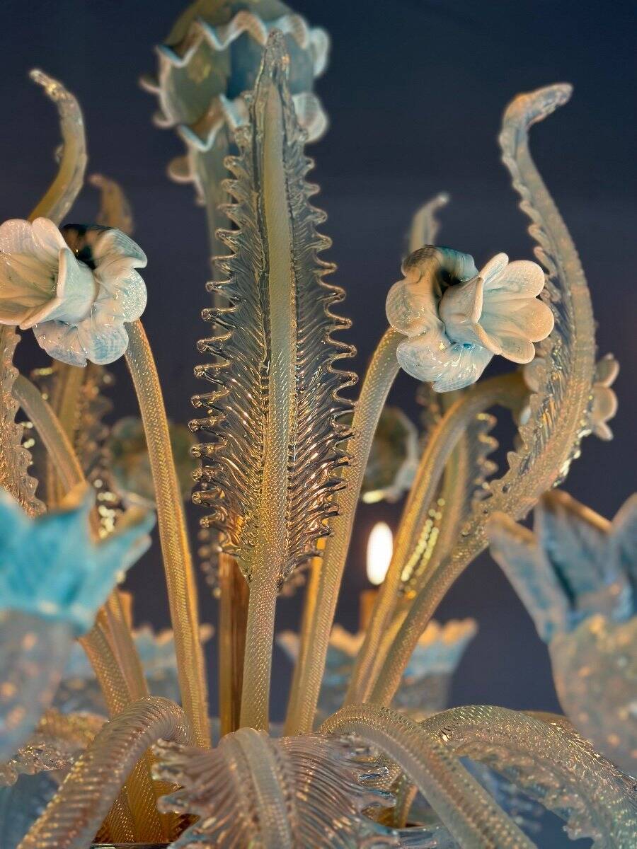 Venetian Chandelier In Murano Glass Two Tones Of Blue, Circa 1940, 8 Arms Of Light