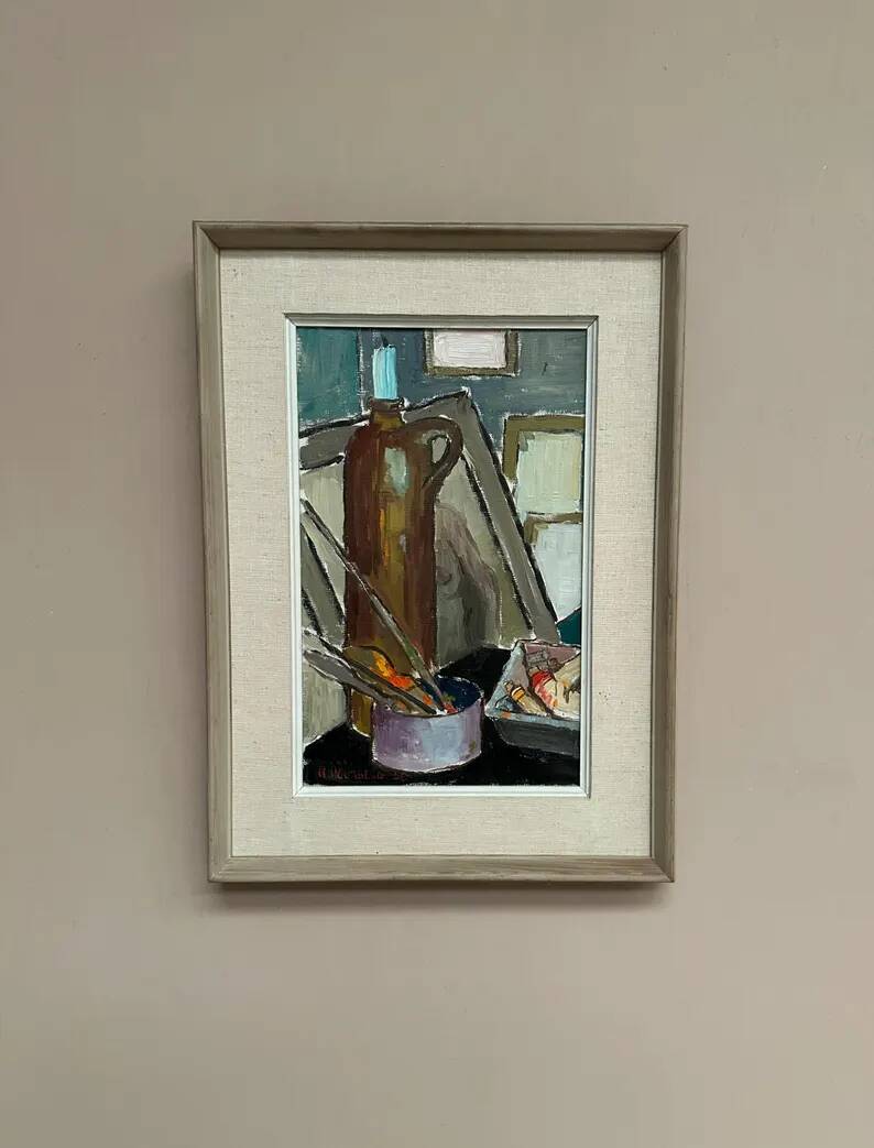 Original Swedish Oil on Canvas – “Still Life” by Harry Holmberg – Signed – Dated 1956 – Vintage & Framed – 47 × 34.5 cm (18.5" × 13.6")