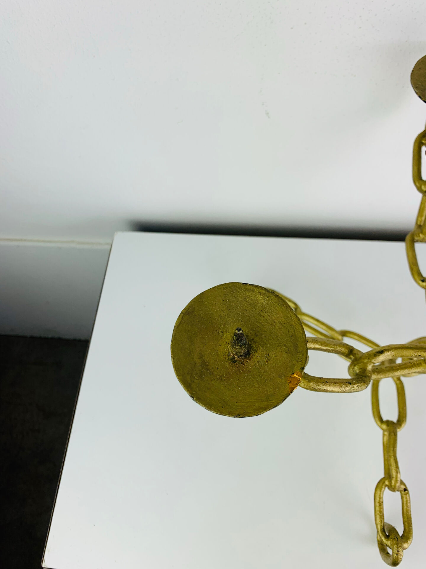 Brutalist candle holder, wrought iron, chain links, gold patina.