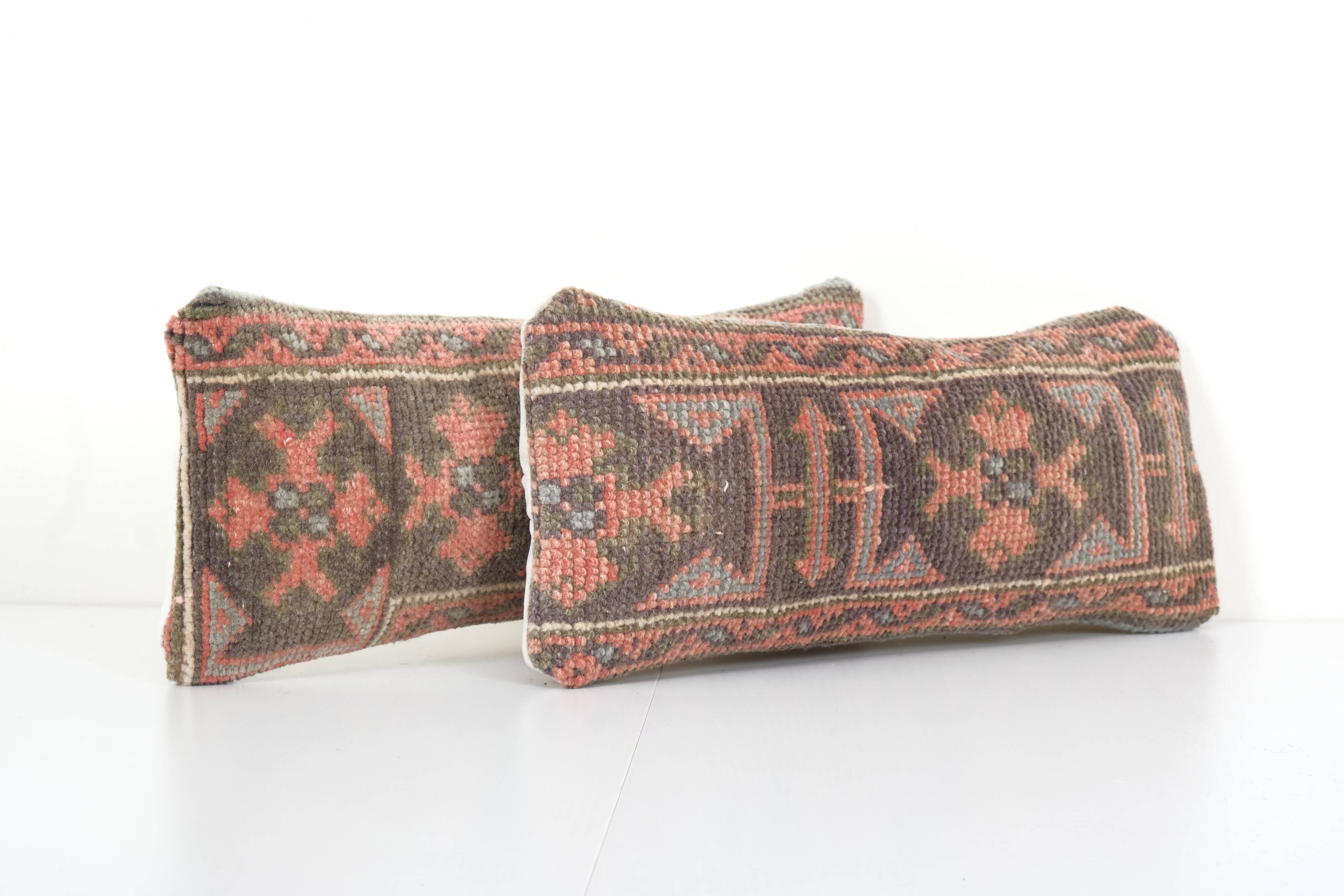 Organic wool muted brown carpet rug pillow, set of two faded ethnic turkish yastik pillow