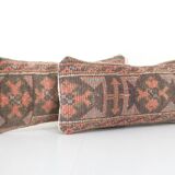 Organic wool muted brown carpet rug pillow, set of two faded ethnic turkish yastik pillow