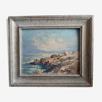 Tableau peinture a l'huile "paysage côte bleue"  signé Deaumont