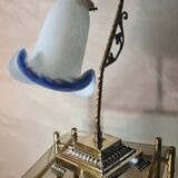 Art deco bronze lamp and its white and blue glass paste tulip 40x30