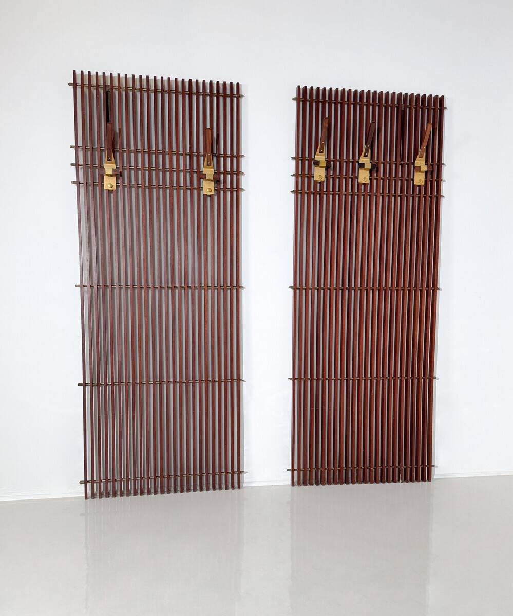 Modular coat rack in wood and brass, Italy, 1950s