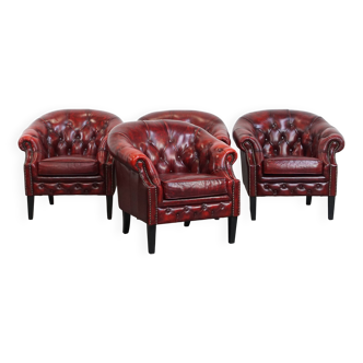 Set of 4 English Cowhide Leather Chesterfield Club Chairs