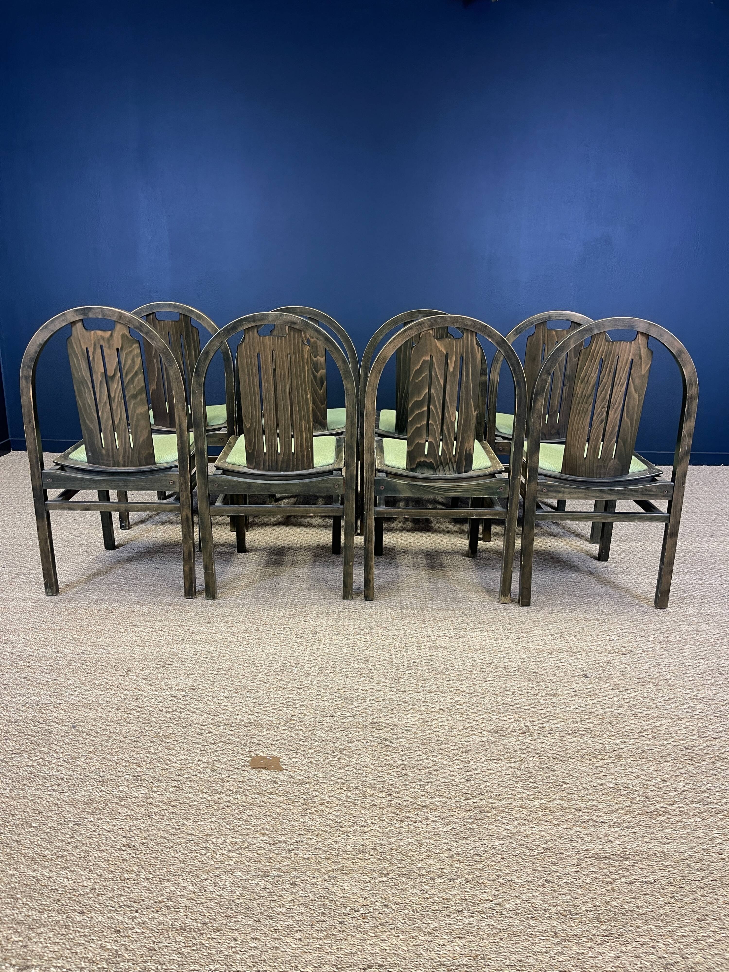 Set of 8 Baumann Argos bistro chairs wood and green fabric 80s France