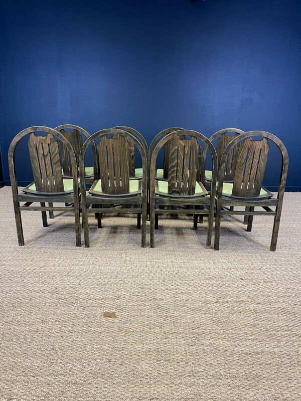Ensemble de 8 chaises bistrot Baumann Argos bois et tissu vert années 80 France