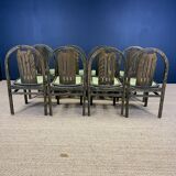 Ensemble de 8 chaises bistrot Baumann Argos bois et tissu vert années 80 France