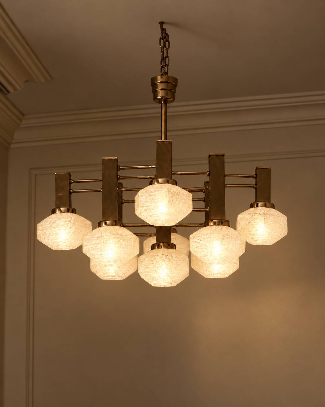 Gaetano Sciolari 1970s Italian Brass & Textured Glass 9-Light Chandelier