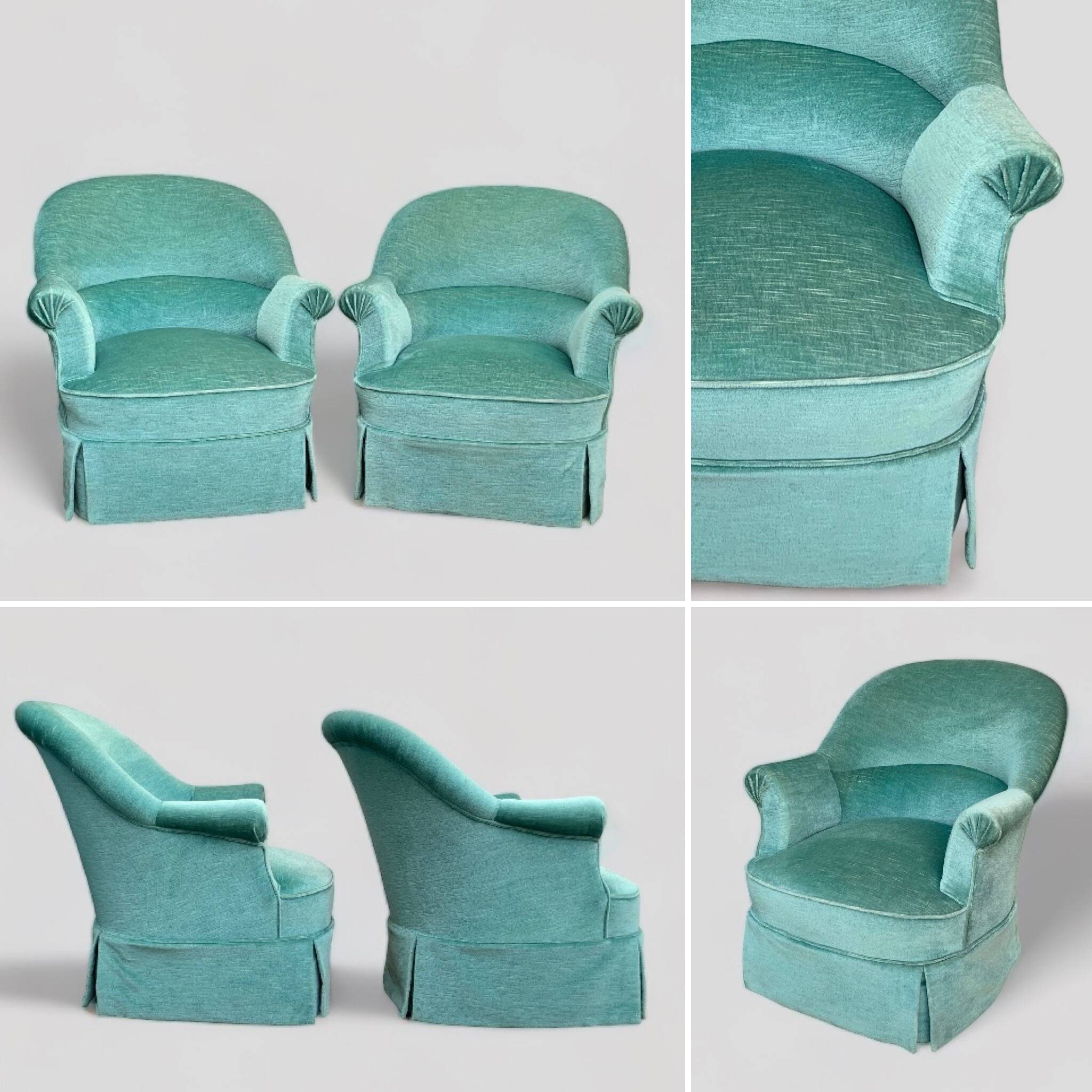 Pair of toad armchairs in water green velvet, 1970