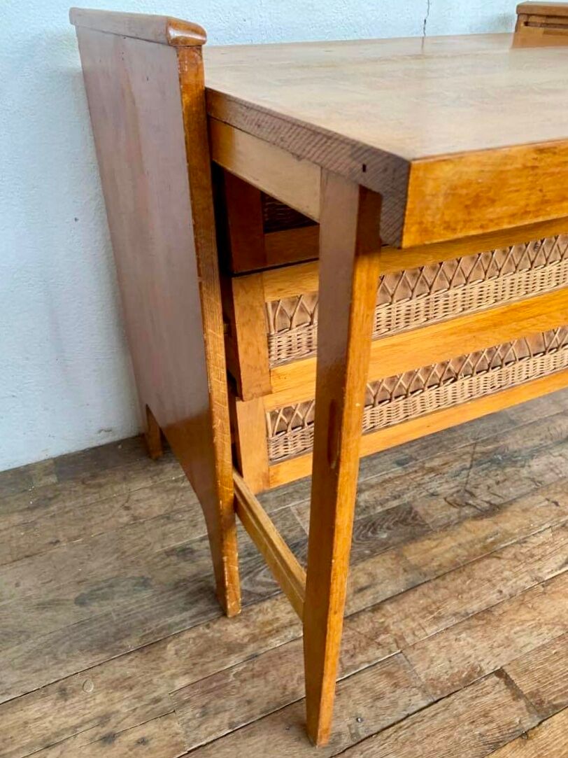Modernist vintage chest of drawers in light chene has 3 drawers rattan top changing table